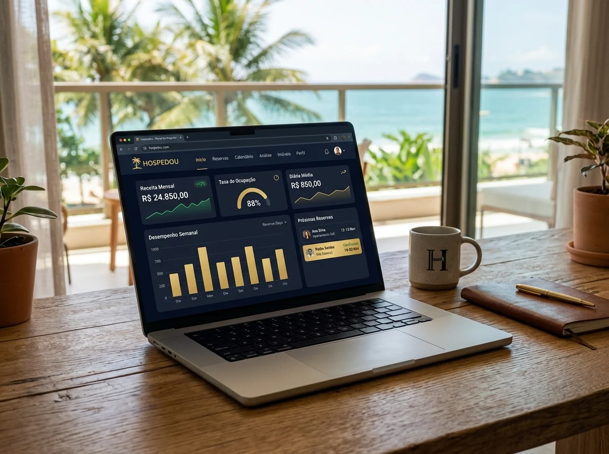 Apresentação ilustrativa do Portal do Proprietário Hospedou em laptop sobre mesa com vista para o mar
